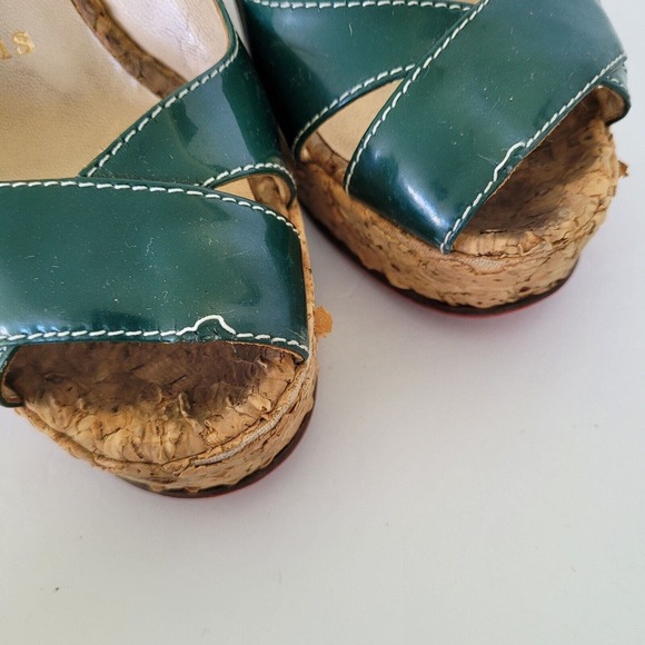 CHRISTIAN LOUBOUTIN Slingback Green Patent Cork Wedge Platform Shoe EU35,5 US 5 - Picture 10 of 10